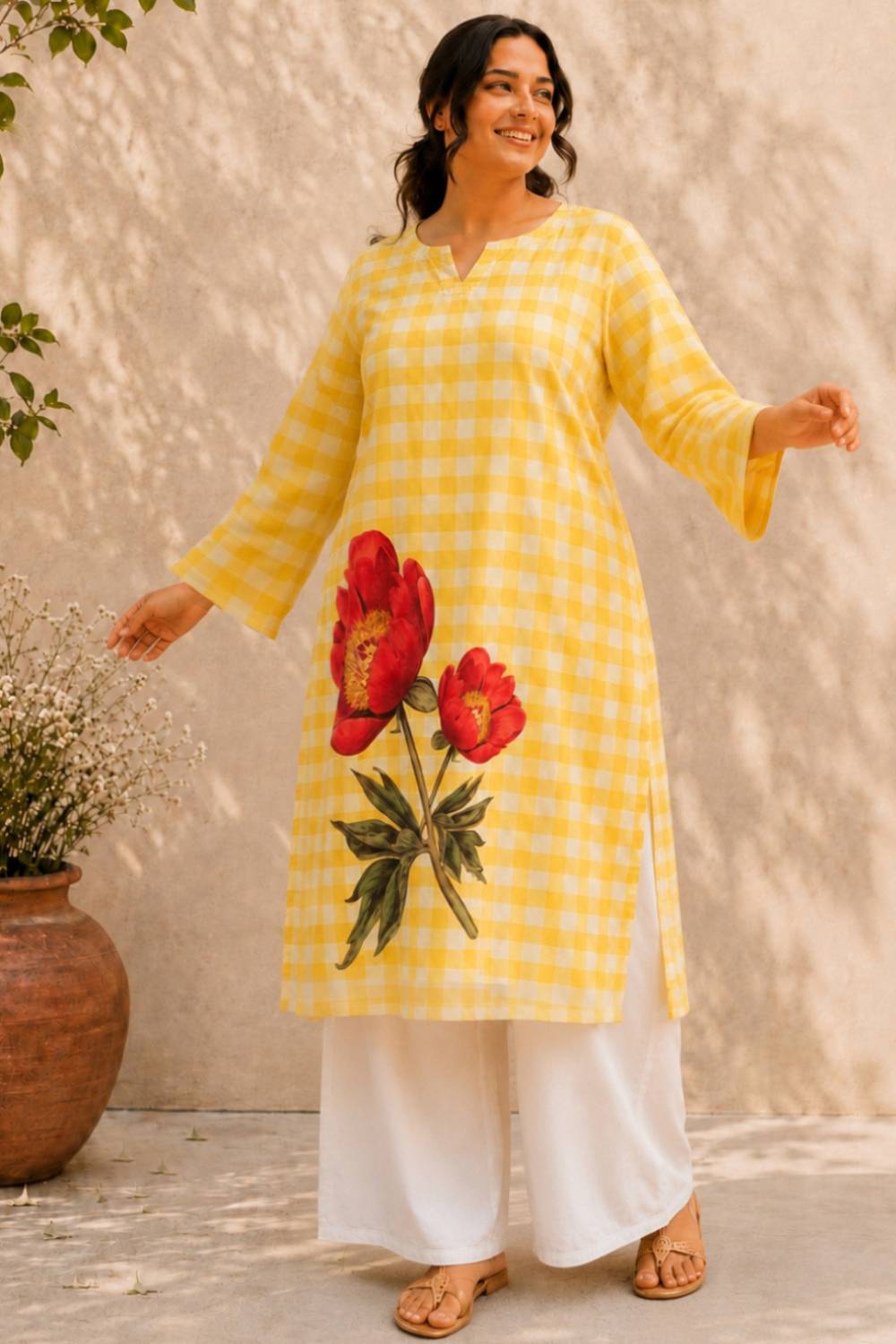 Plus Size Plus Size Yellow Gingham Floral Print cotton Kurta