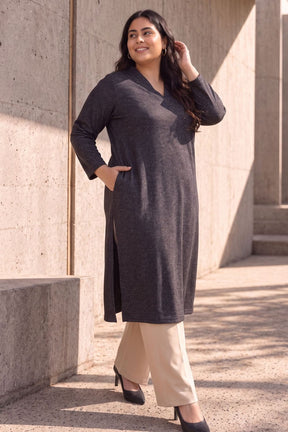 Plus Size Charcoal Grey V Neck SnugWeave™ Winter Kurta