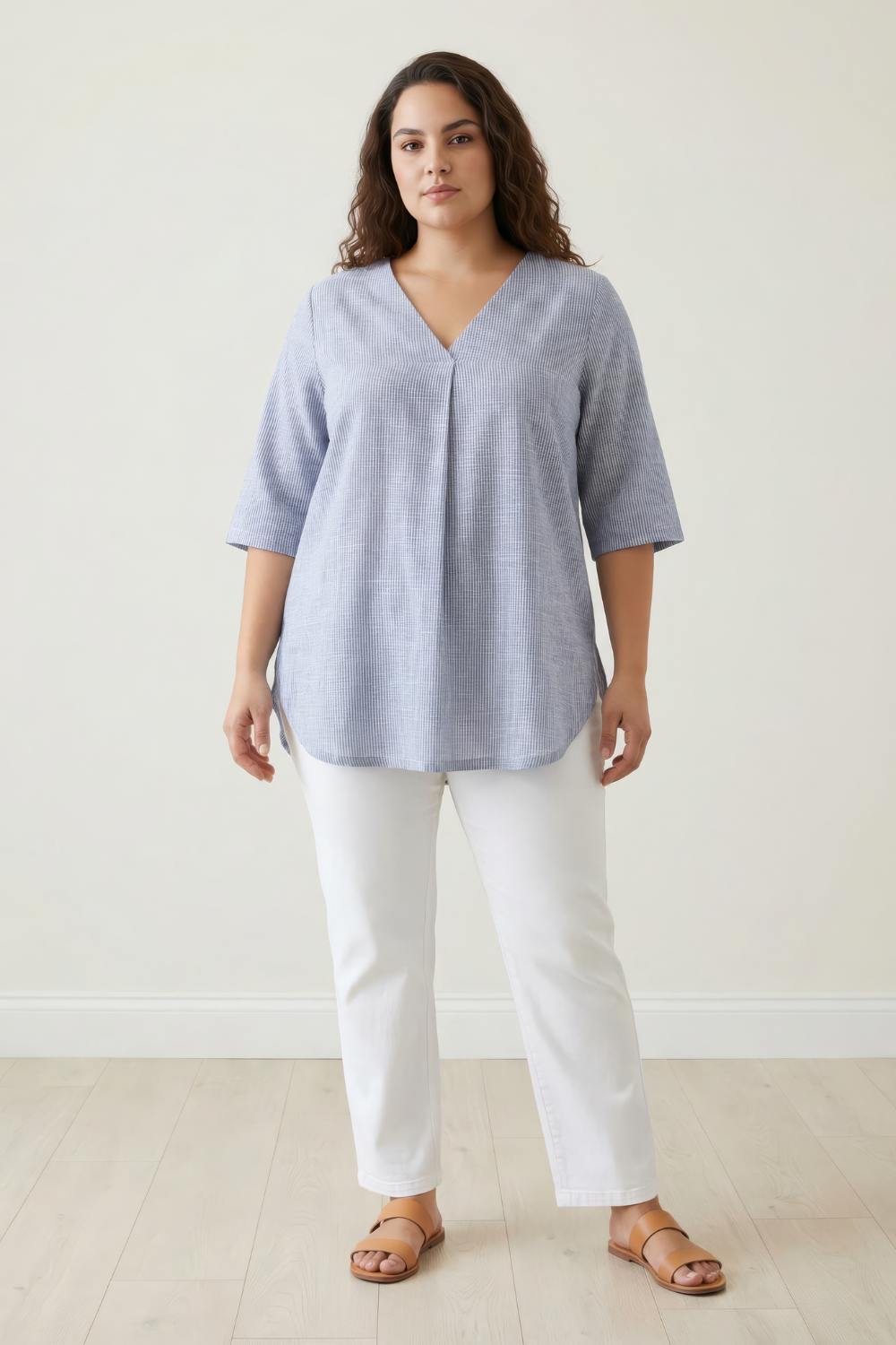 Plus Size Plus Size Blue Chambray Pinstripe V-Neck Top