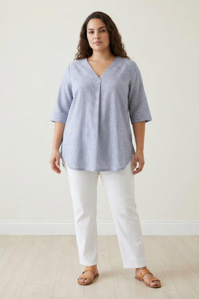 Plus Size Blue Chambray Pinstripe V-Neck Top