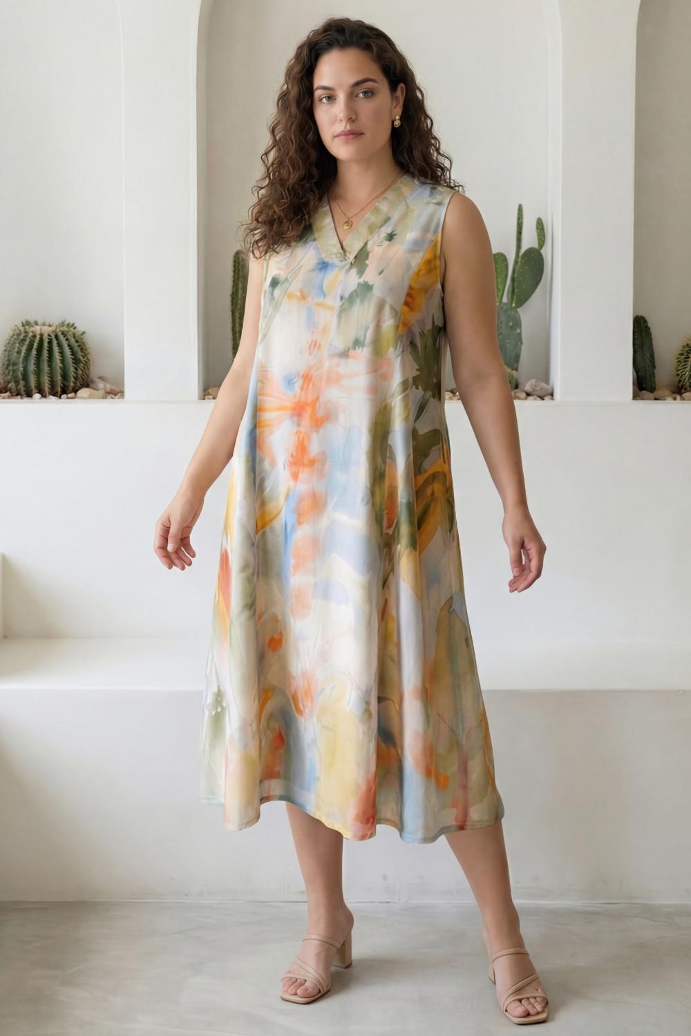 Plus Size Pastel Abstract Print Sleeveless Cotton Midi Dress for Women