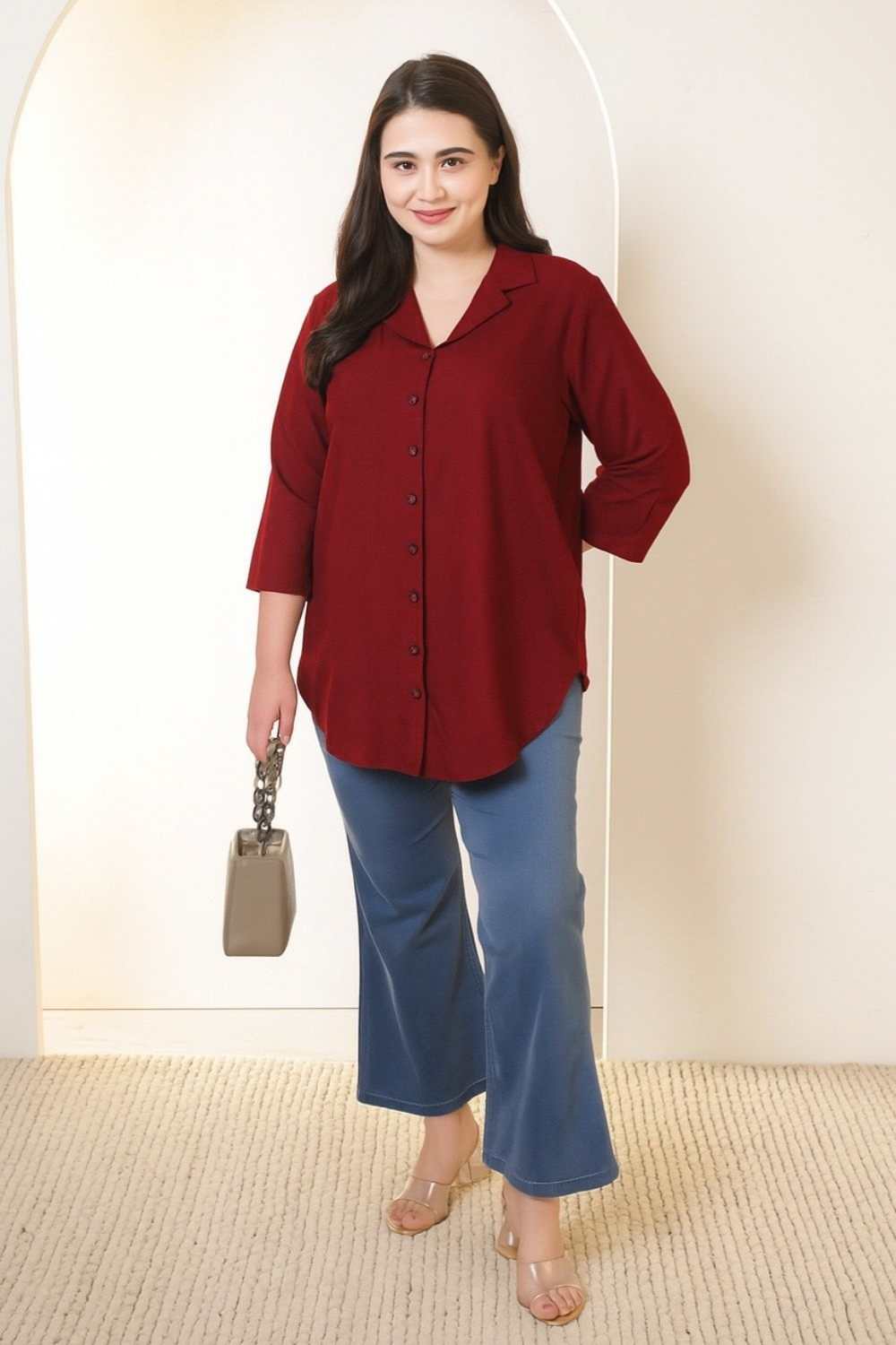 Plus Size Maroon Cotton Linen Cuban Collar Shirt