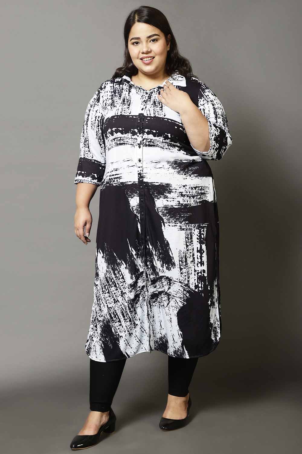 Plus Size Black Abstract Print Kurta Cum Shrug for Women