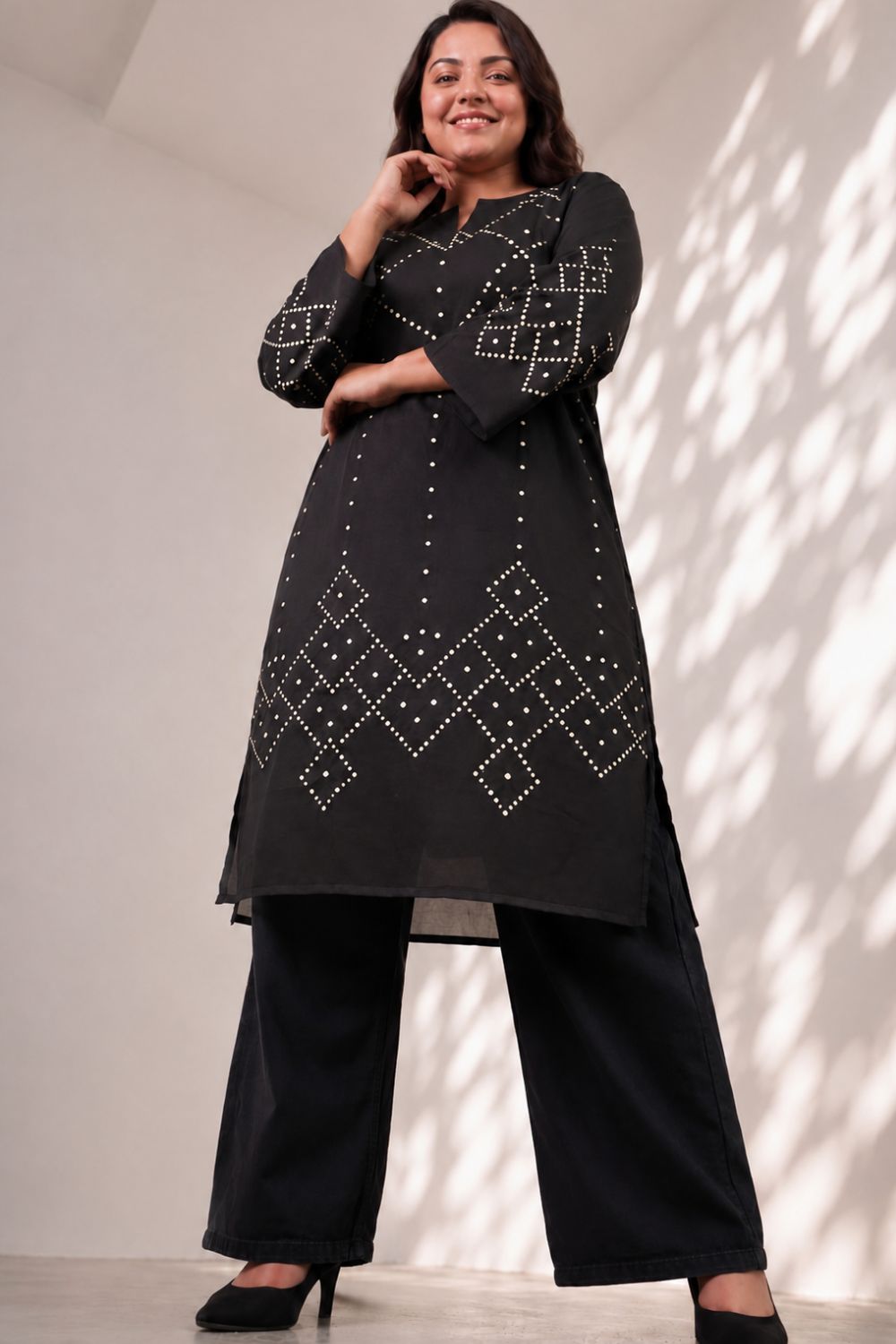 Plus Size Plus Size Black Bandhej Print Georgette Kurta