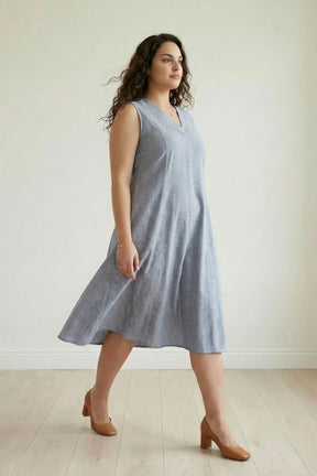 Plus Size Blue Chambray Pinstripe Sleeveless Cotton Midi Dress