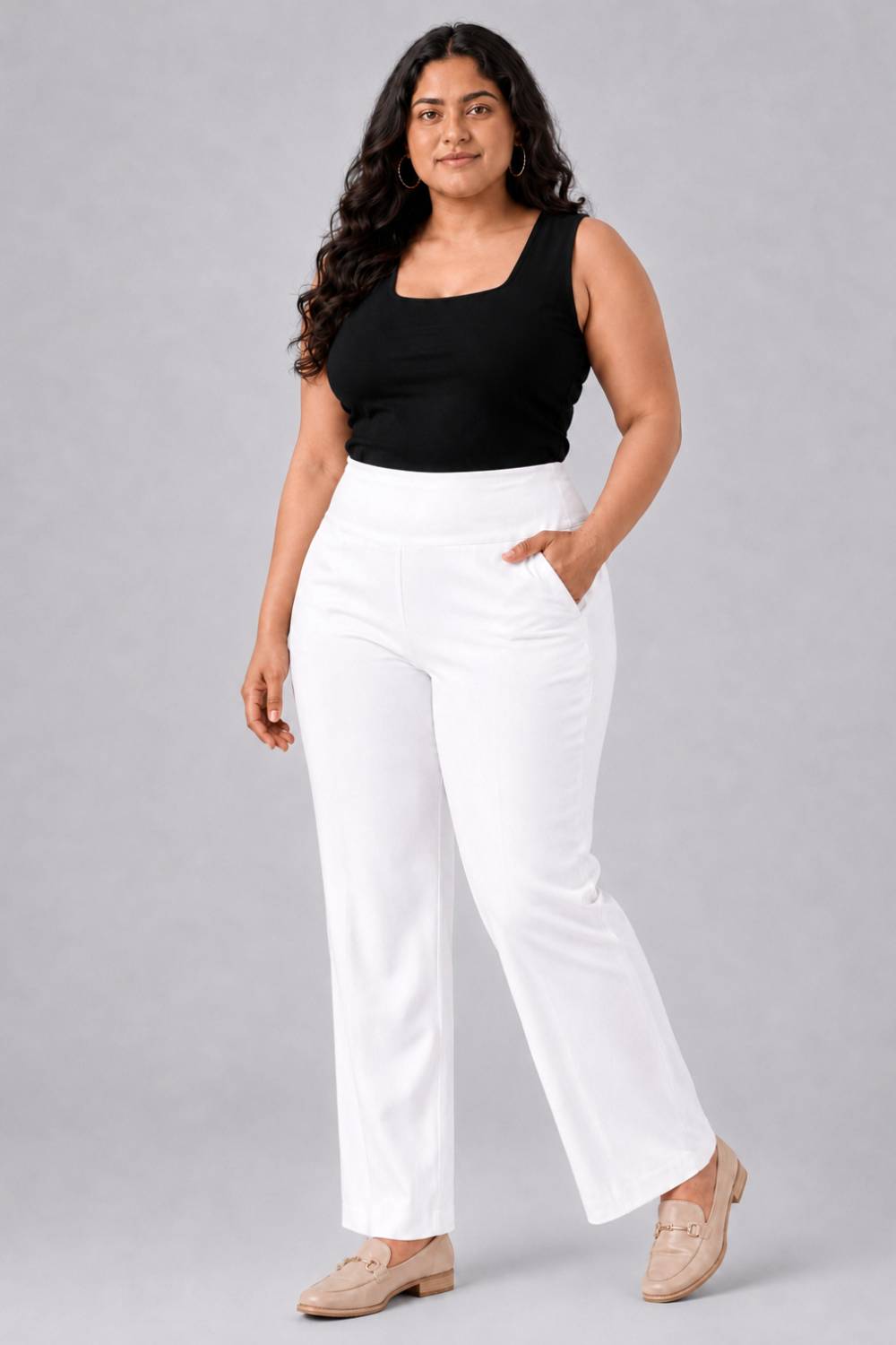Plus Size White Tummy Shaping Wide Straight Pants