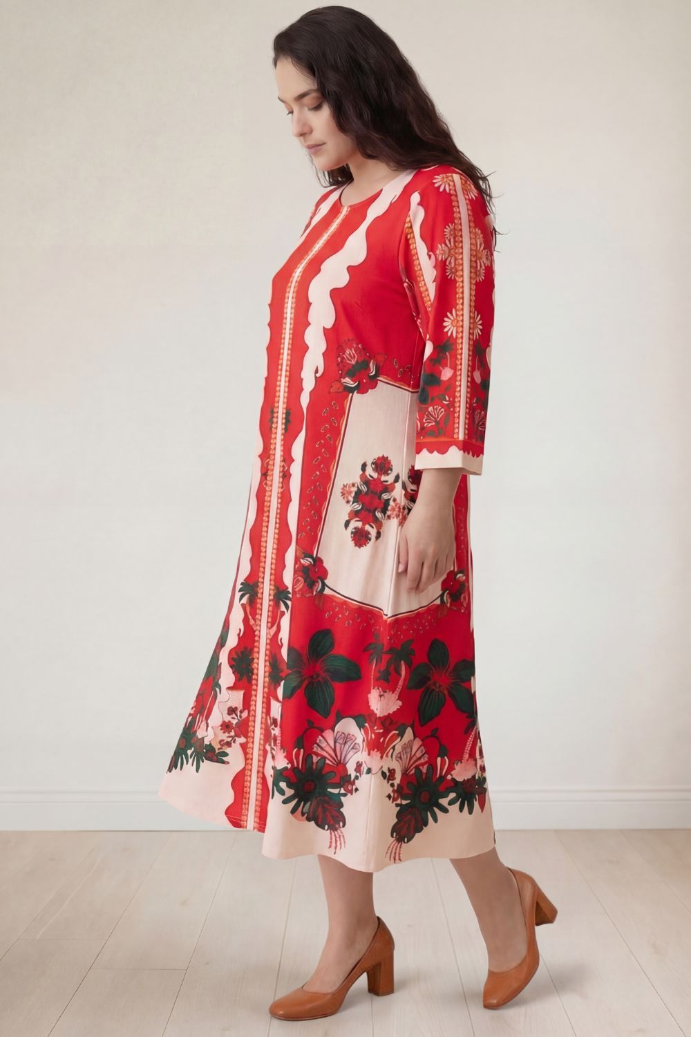 Plus Size Plus Size Red Floral Printed A-Line Dress