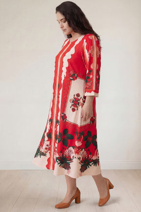 Plus Size Red Floral Printed A-Line Dress