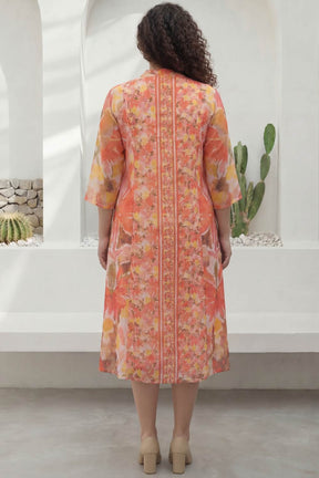 Plus Size Peach Coral Floral Print Cotton Midi Dress