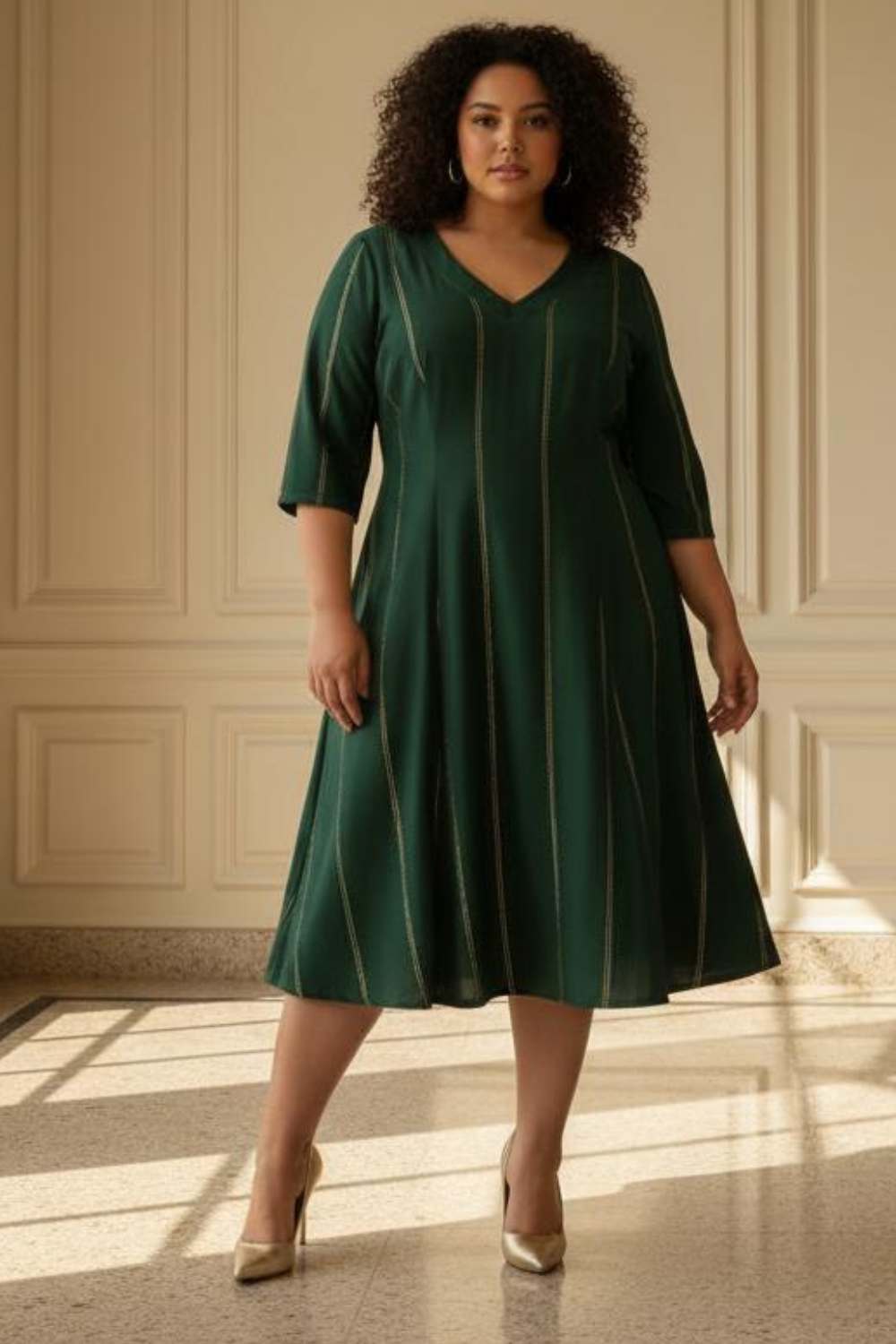 Plus Size Emerald  Green Golden Pin Stripe Midi Dress