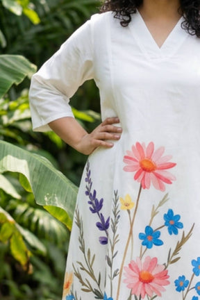Plus Size White Floral Printed A-Line Midi Dress
