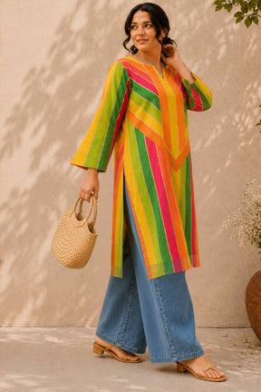 Plus Size Multicolor Abstract Print Cotton Kurta