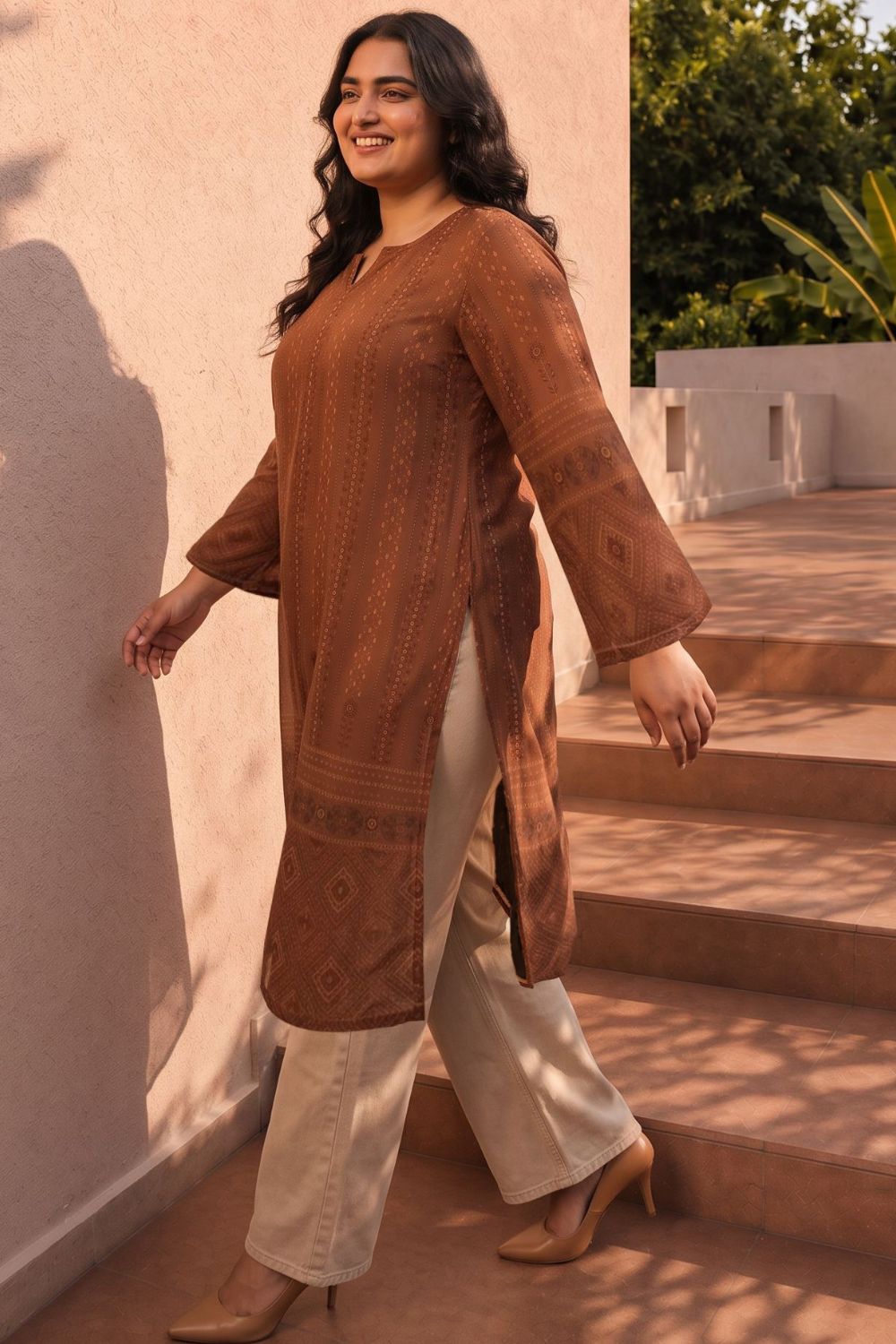 Plus Size Brown Ethnic Print Georgette Kurta for Women