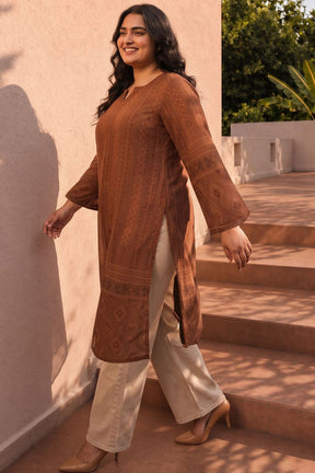 Plus Size Brown Ethnic Print Georgette Kurta