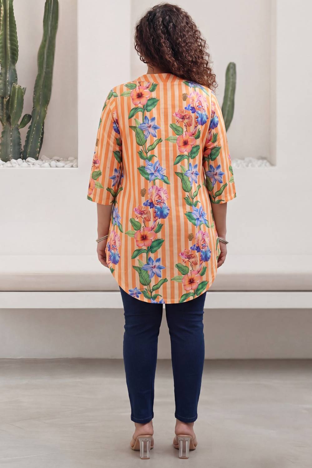 Comfortable Plus Size Orange Floral Stripes Top
