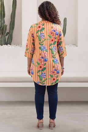 Plus Size Orange Floral Stripes Top