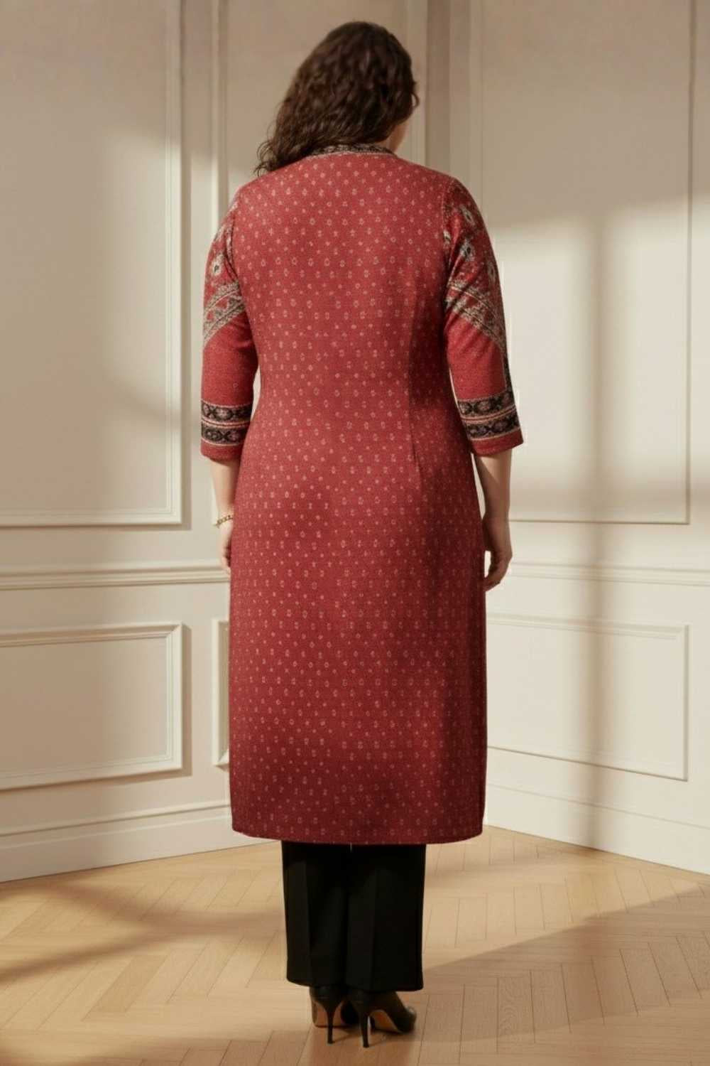 Comfortable Plus Size Red Printed V Neck SnugWeave™ Winter Kurta