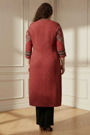 Plus Size Red Printed V Neck SnugWeave™ Winter Kurta