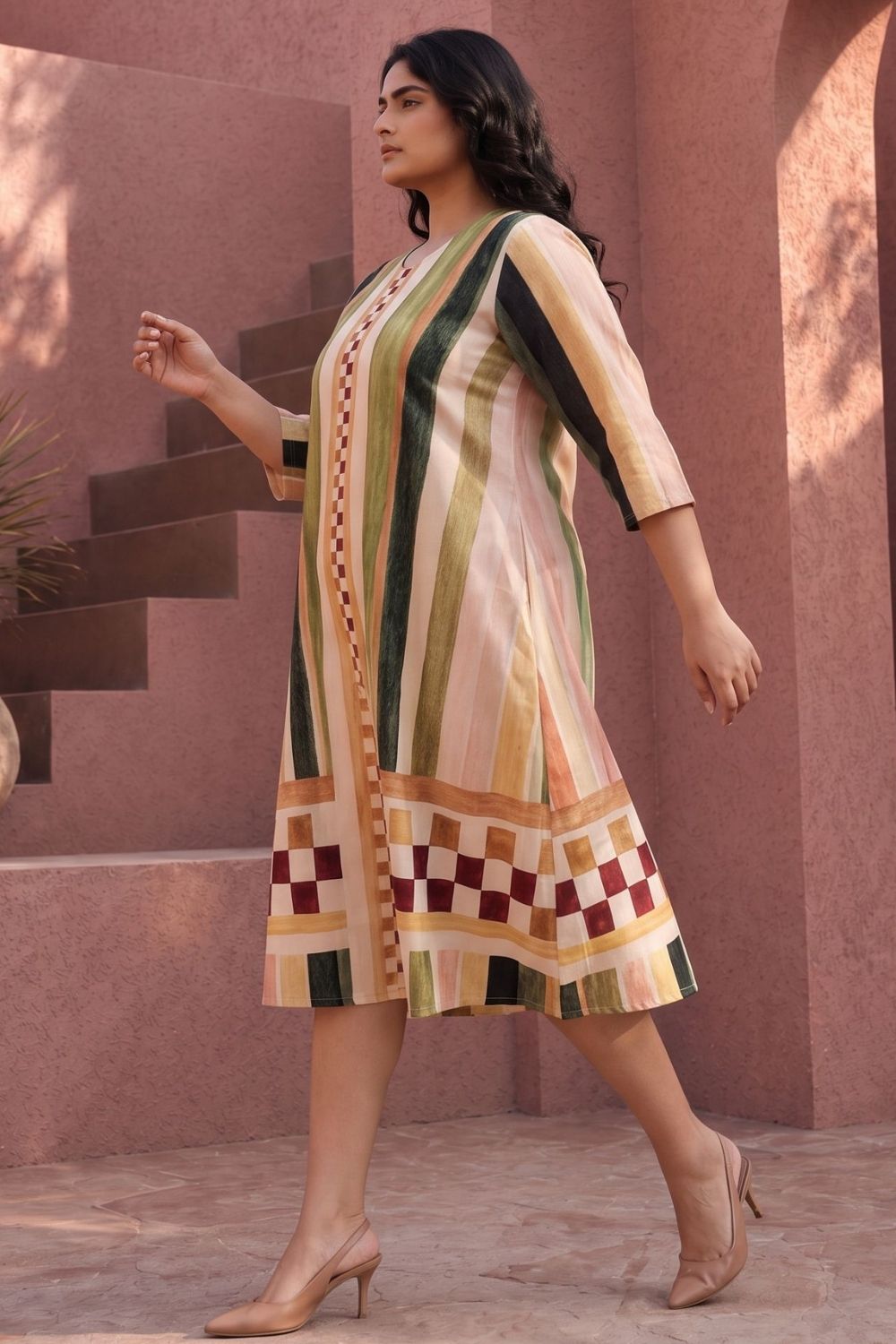 Plus Size Plus Size Abstract check Print Midi Dress