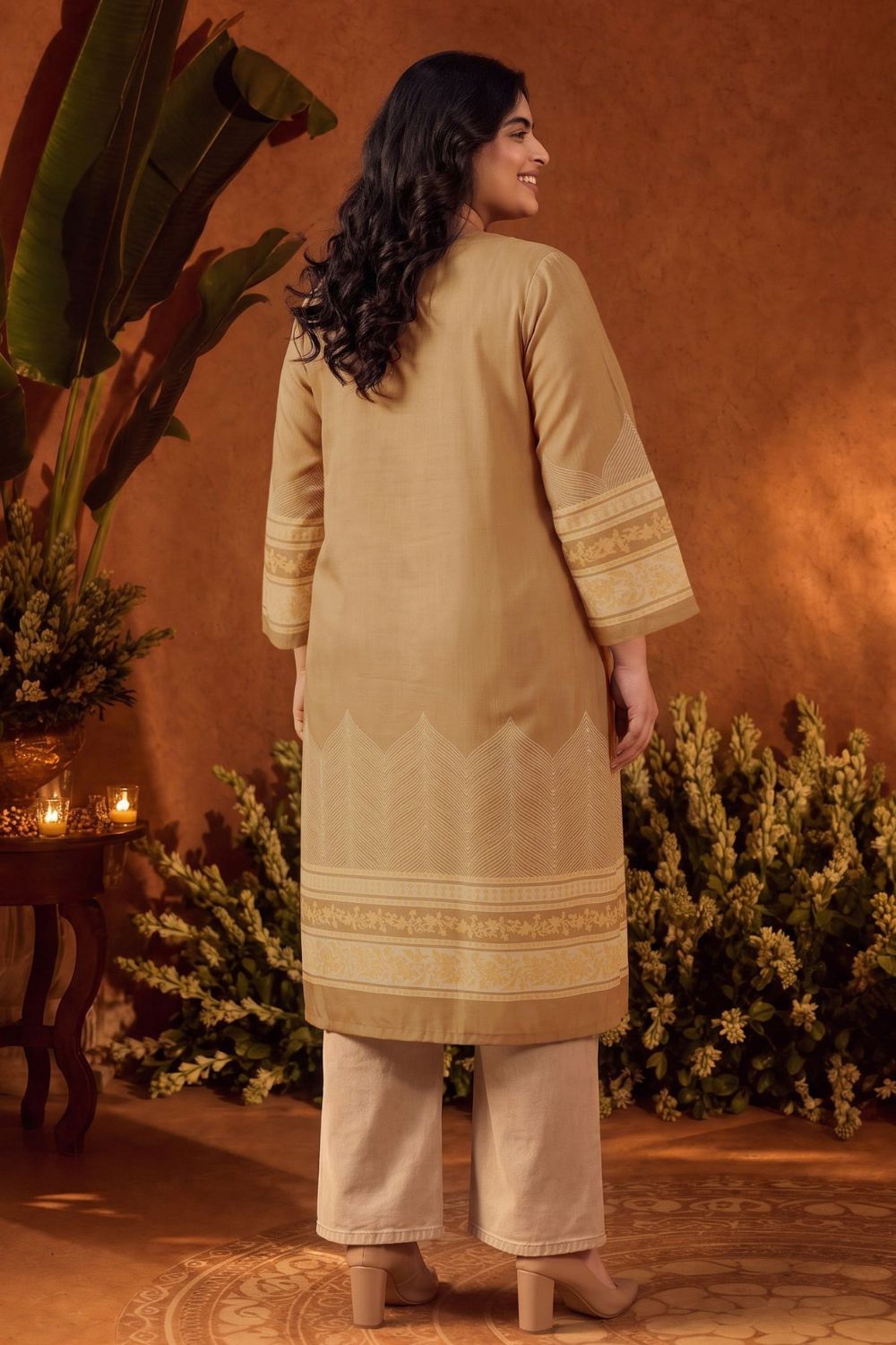 Comfortable Plus Size Beige Elegance Printed Straight Georgette Kurta