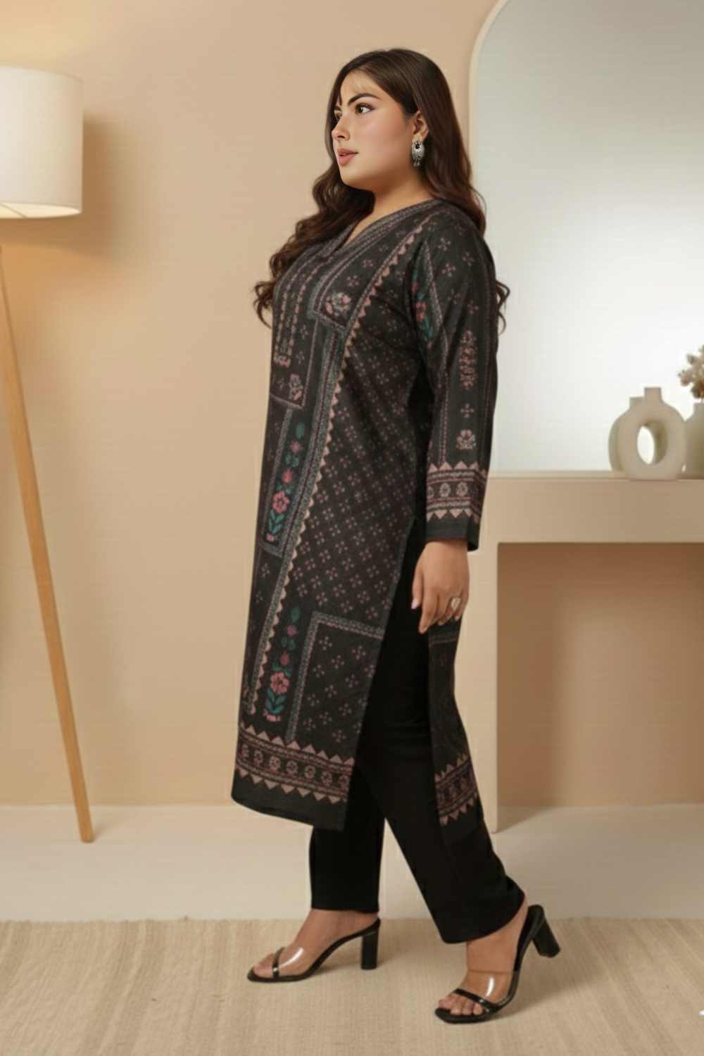 Plus Size Black Ethnic Panel SnugWeave™ Winter Kurta for Women