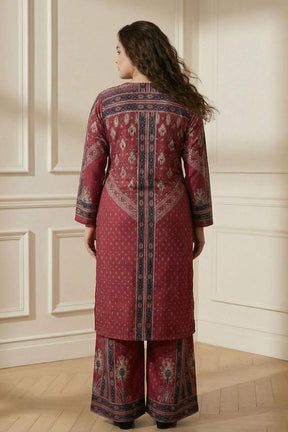 Plus Size Red Printed SnugWeave™ Winter Kurta Coord Set