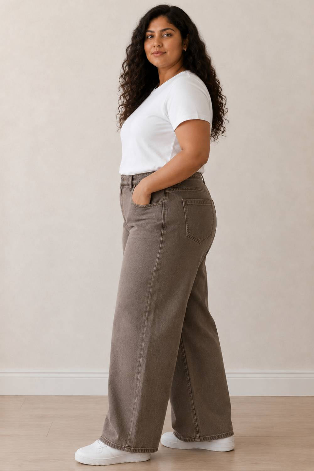 Plus Size Wide Leg Brown Jeans for Women