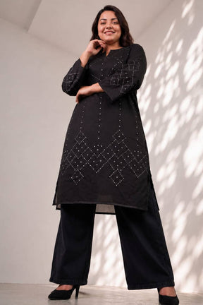 Plus Size Black Bandhej Print Satin Georgette Kurta