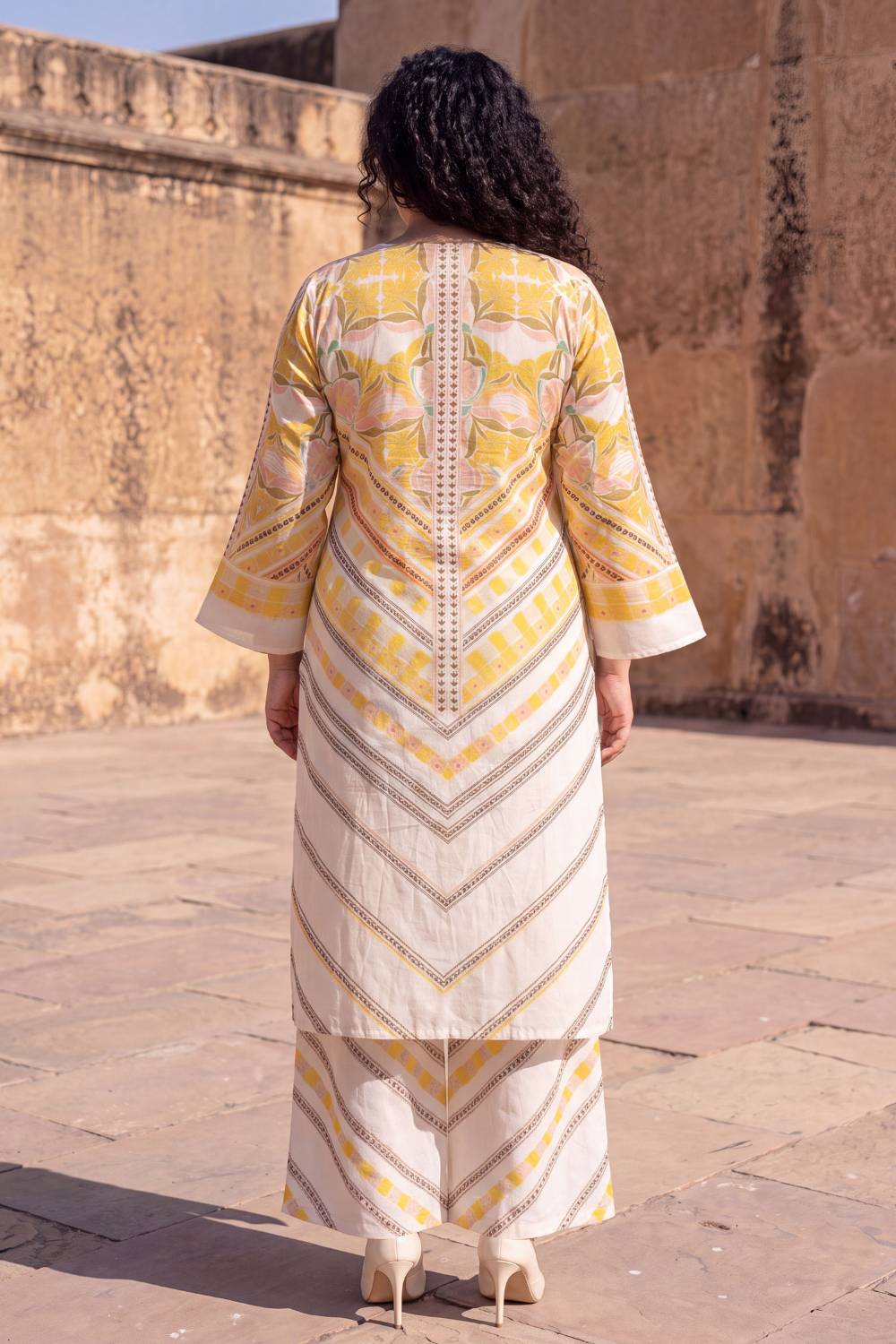 Comfortable Plus Size Beige Floral Geometric Print Cotton Kurta Coord Set