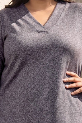 Plus Size Grey Melange  V Neck SnugWeave Winter Top