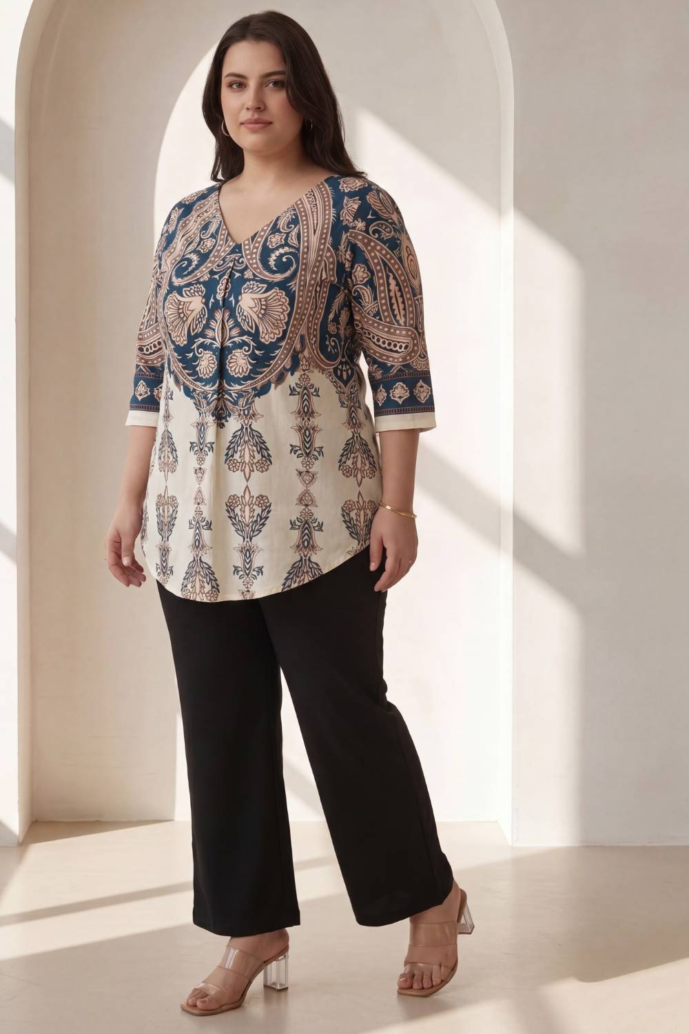 Plus Size Plus Size Cream Luxe Ethnic Print Centre Pleat Top