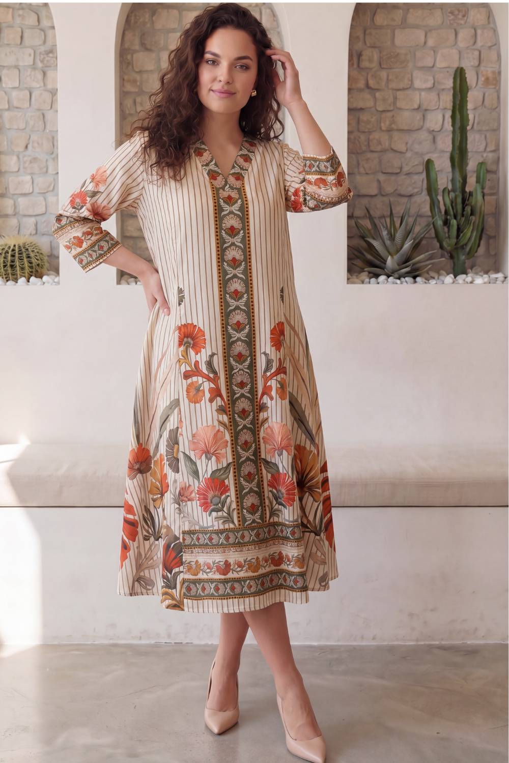 Floral Stripe Grace Plus Size Midi Dress