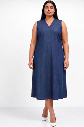 Plus Size Sleeveless Indigo Denim Cotton A-Line Dress