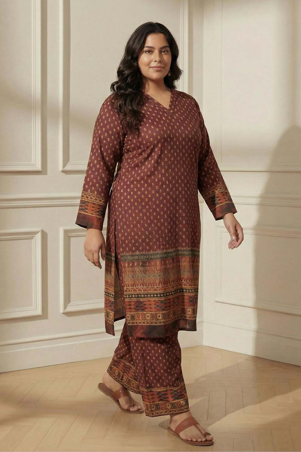 Plus Size Maroon Border Print SnugWeave™ Winter Kurta Coord Set