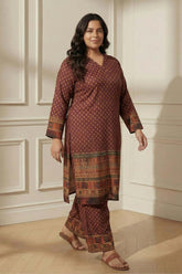 Plus Size Maroon Border Print SnugWeave™ Winter Kurta Coord Set