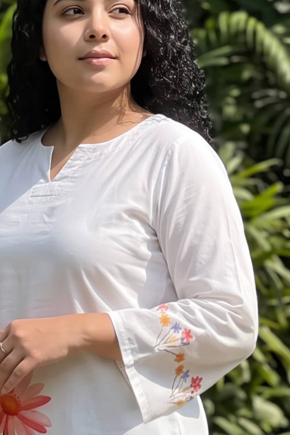 Plus Size Plus Size White Floral Printed Cotton Kurta