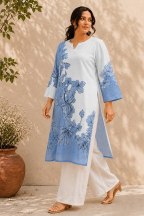 Plus Size Blue Floral Print Cotton Kurti