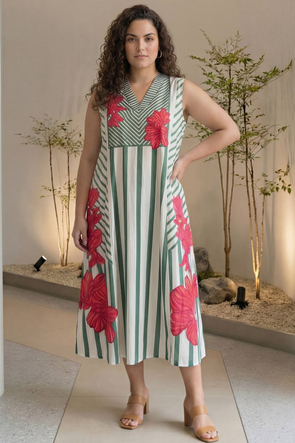 Plus Size Green Stripe Floral Print Sleeveless Cotton Midi Dress