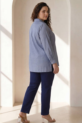 Plus Size Mid Blue Cross Weave Denim Cotton Shirt