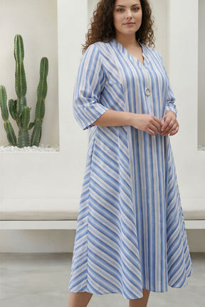 Plus Size Blue Stripe Print Cotton Midi Dress