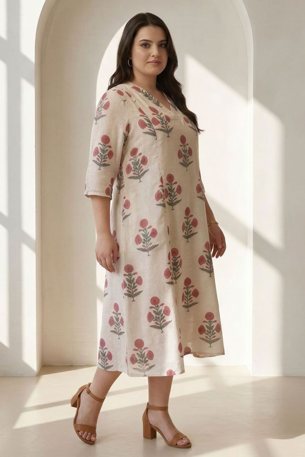Plus Size Plus Size Beige Floral Printed Cotton Midi Dress