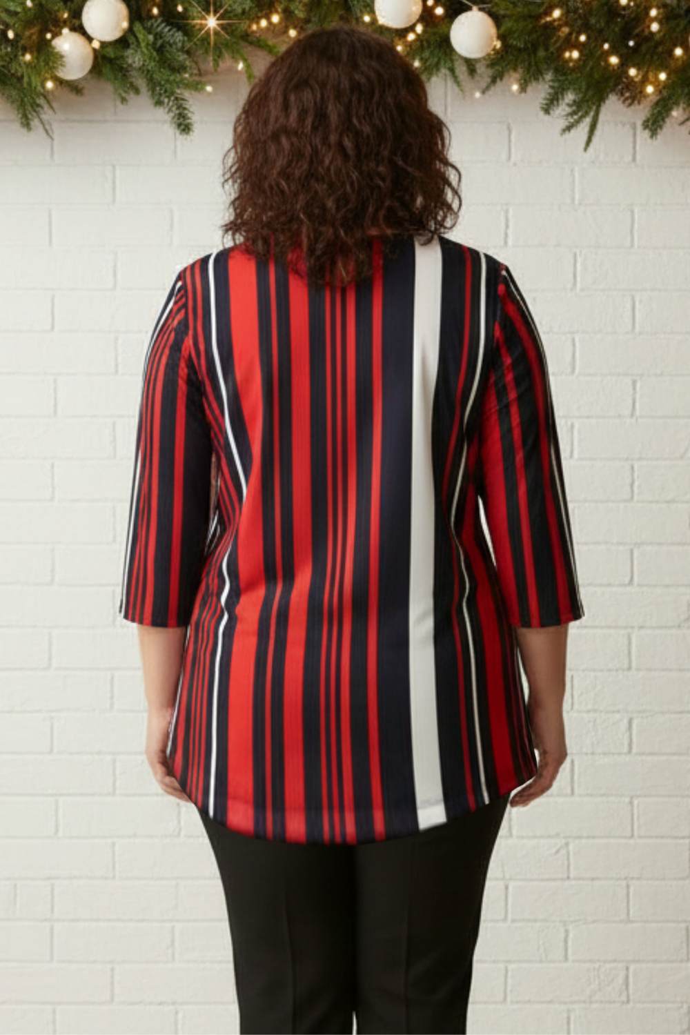 Plus Size Red Blue Striped Centre Pleat Top for Women