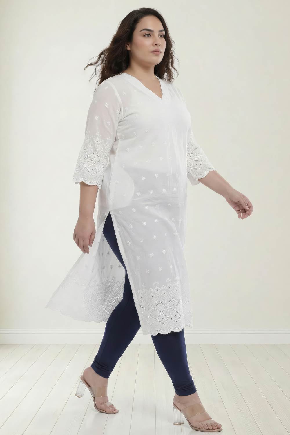 Plus Size Plus Size White Cotton Schiffli V Neck Kurta