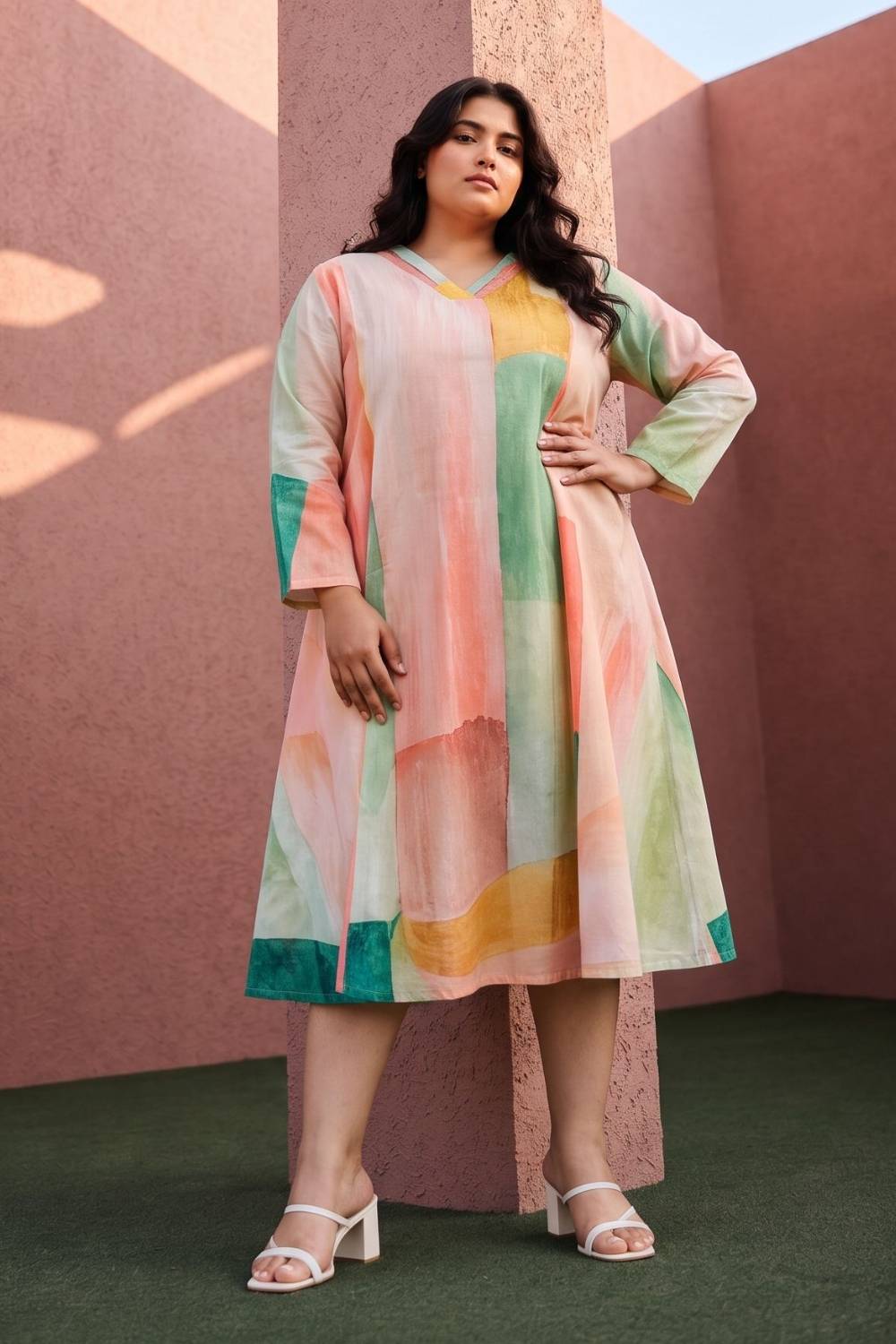 Plus Size Multicolor Abstract Printed A-Line Midi Dress