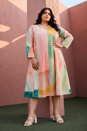 Plus Size Multicolor Abstract Printed A-Line Midi Dress