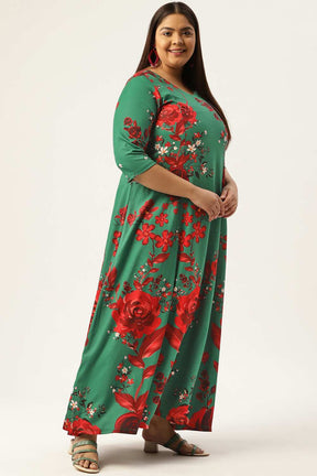 Plus Size Ditsy Green Red Floral Dress
