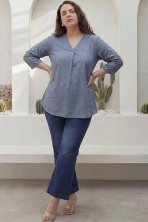 Plus Size Mid Blue Cross Weave Denim Cotton Top