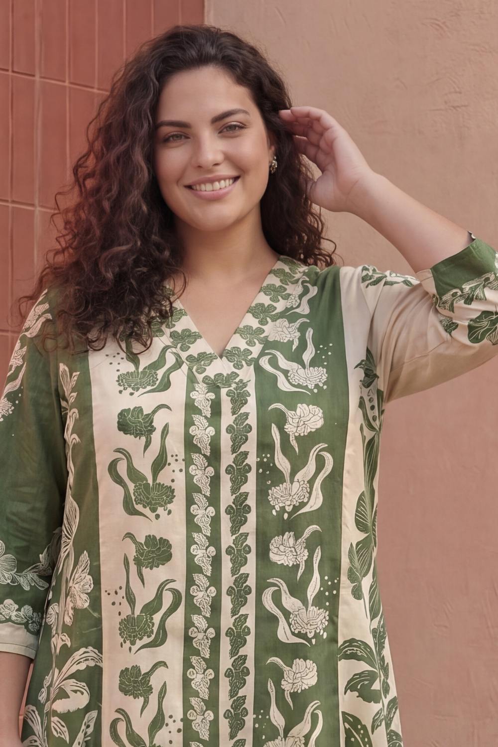 Comfortable Plus Size Olive Grace Printed Cotton Midi Dress