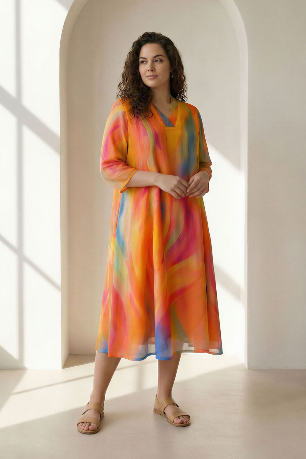 Comfortable Plus Size Multicolor Abstract Print Cotton Midi Dress