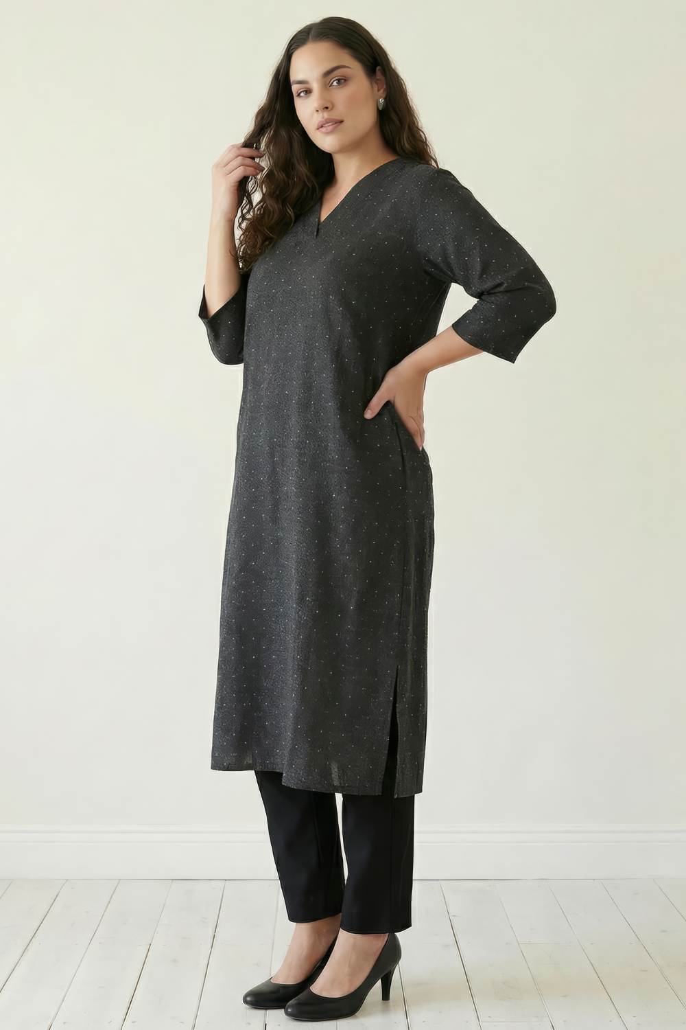 Plus Size Plus Size Ash Black Denim Cotton V Neck Kurta